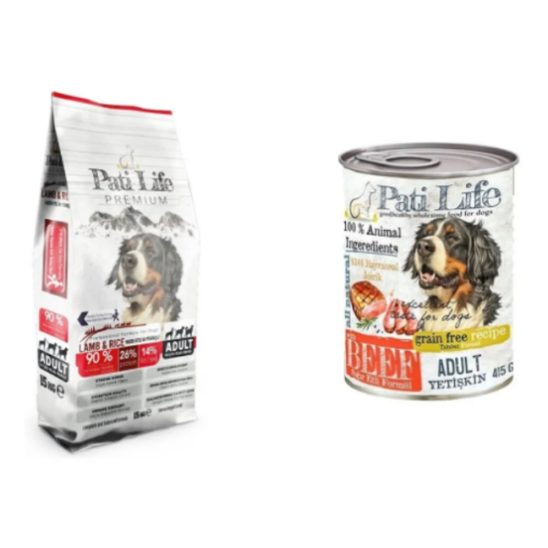 Pati Life Patilife Kuru Köpek Maması 26 prt 15 kg + Sığır Etli konserve Mama 24 Adet