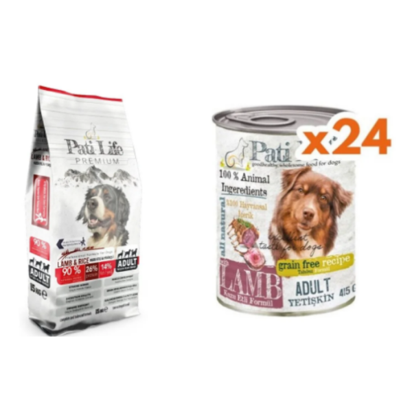 Pati Life Patilife Kuru Köpek Maması 26 prt 15 kg + Kuzu Etli konserve Mama 24 Adet