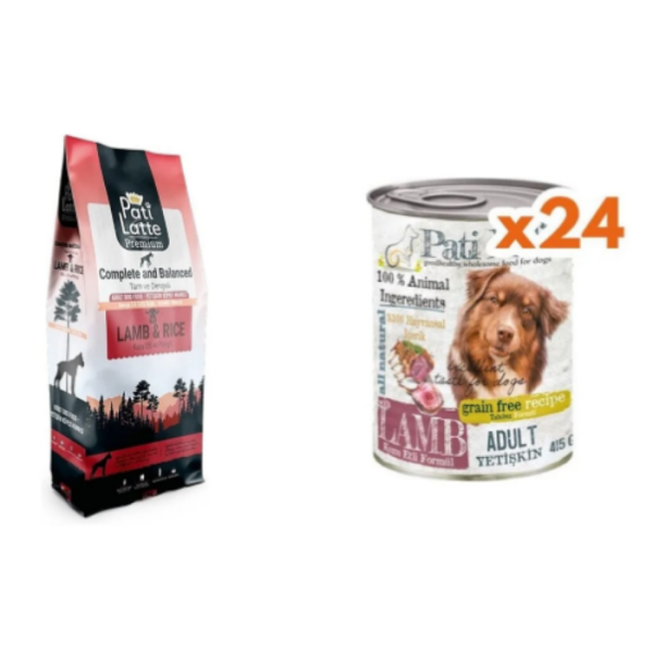 Pati Life PatiLatte 20 prt Kuru mama 15kg + Patilife Kuzu Etli Konserve 415gr 24 Adet